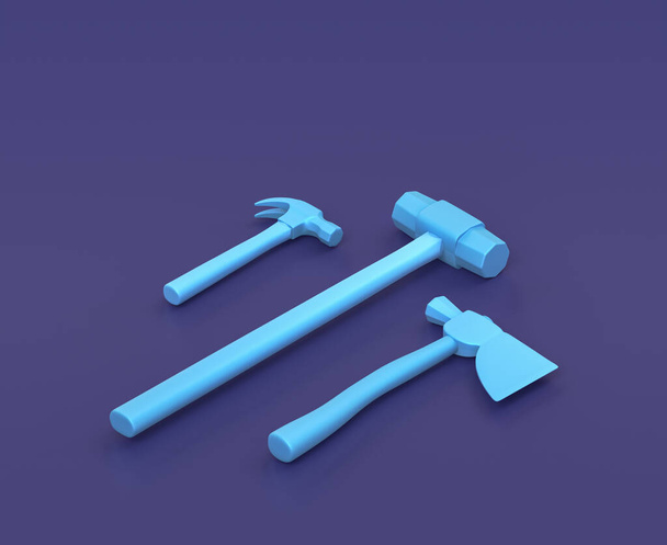 Martillo isométrico, martillo de trineo y eclosionó sobre fondo azul, taller de un solo color y herramienta de bricolaje, renderizado 3d - Foto, Imagen