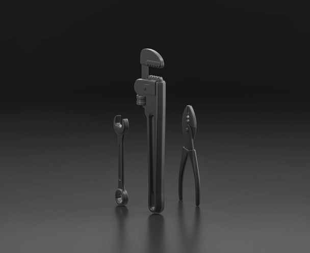 Темно-сірий трубний гайковий ключ і плоскогубці на чорному тлі, однокольорова майстерня і саморобний інструмент, 3d рендеринг
 - Фото, зображення
