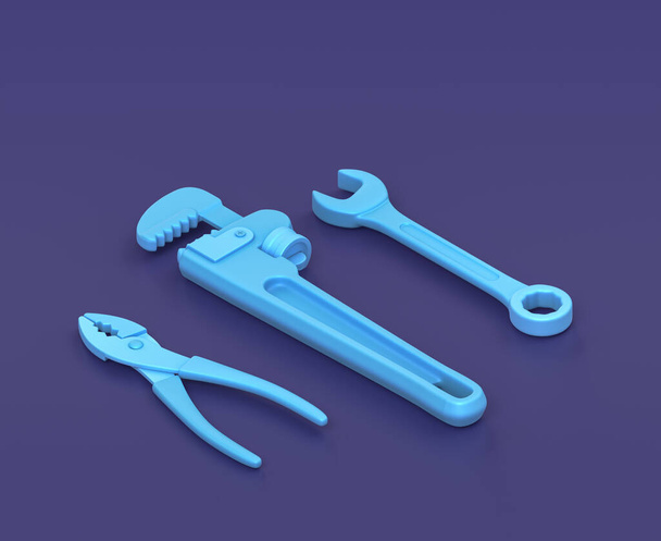 Ізометричний трубний гайковий ключ та плоскогубці на синьому фоні, однокольорова майстерня та інструмент DIY, 3d рендеринг
 - Фото, зображення