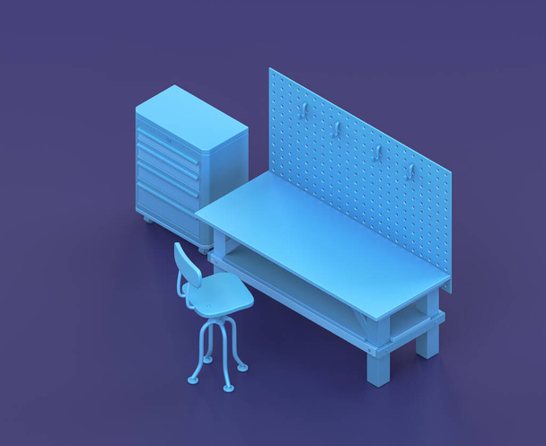 Isometric single color workshop with workbench in blue background, flat color  repair shop, 3d rendering - Photo, Image