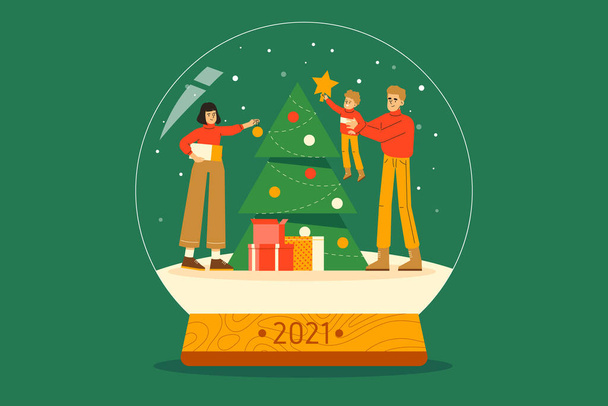 Family decorating Christmas Tree together in Snow Globe. Celebrating New Year Holiday 2021. Colorful flat vector illustration for poster, greeting card, web, ui - Vector, Image