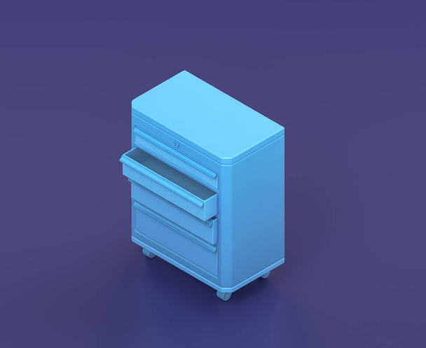 Isometric shop drawer on blue background, single color workshop and DIY tool, 3d rendering - Photo, Image