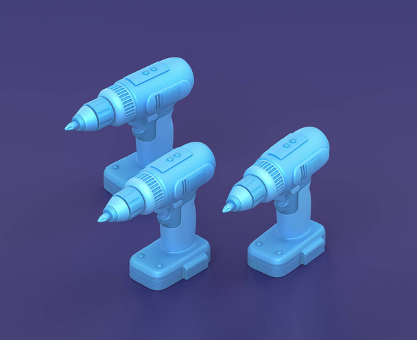 Isometric charged wireless power drill on blue background, single color workshop and DIY tool, 3d rendering - Photo, Image