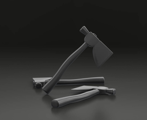 Dark gray hatchet on black background, single color workshop and DIY tool, 3d rendering - Foto, Imagen