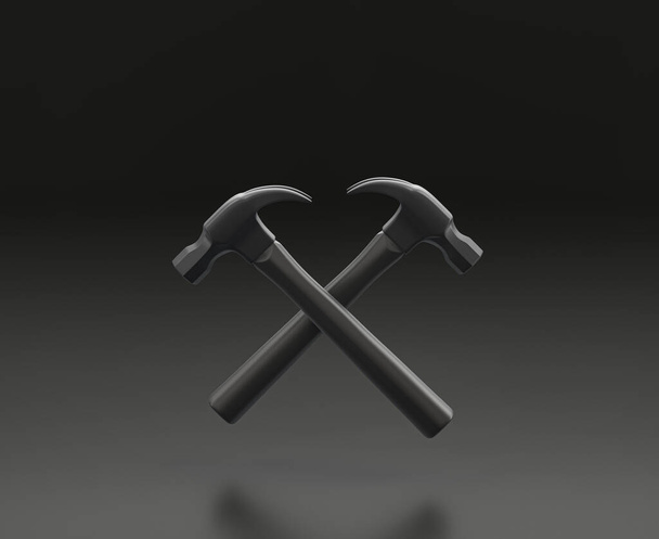 Dark gray hammer on black background, single color workshop and DIY tool, 3d rendering - Photo, Image