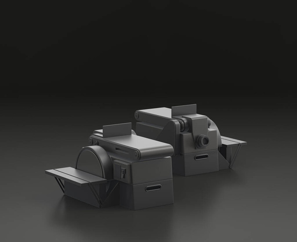 Lijadora de cinturón gris oscuro sobre fondo negro, taller de un solo color y herramienta de bricolaje, renderizado 3d - Foto, imagen