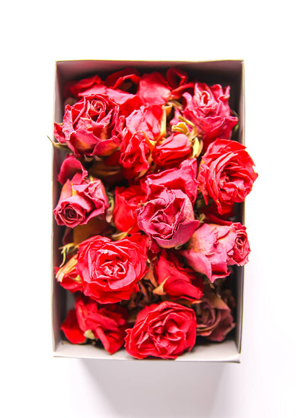 Červené růže sušené pupeny, květiny a okvětní lístky v otevřené kartonové krabičce - Fotografie, Obrázek