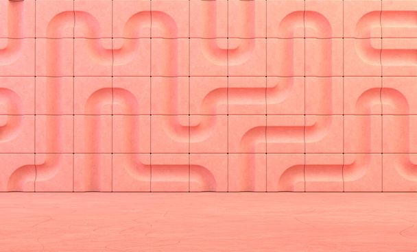 Stanza rosa vuota con blocchi piastrellati e fori per tubi sulla parete, forme colorate che scorrono per prodotto e tipografo, rendering 3d - Foto, immagini