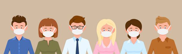 Cartoon character man and woman wearing medical masks protecting disease, flu vector illustration set. Group of male and female people preventing corona virus infection background - Vector, afbeelding