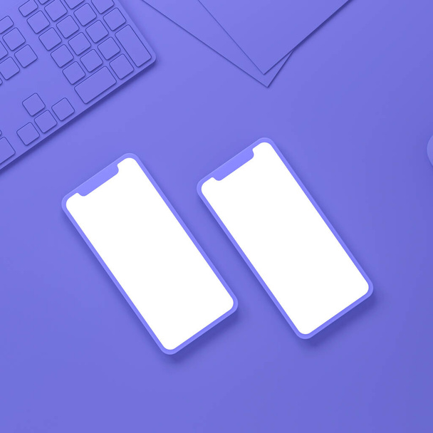 Pantallas móviles planas del mockup del teléfono junto al teclado con el ratón en colores pastel del escritorio de trabajo, representación 3d - Foto, imagen