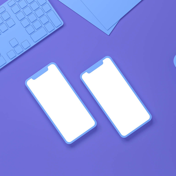 Pantallas móviles planas del mockup del teléfono junto al teclado con el ratón en colores pastel del escritorio de trabajo, representación 3d - Foto, imagen