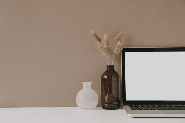 Blank screen laptop. Home office desk table workspace with fluffy plant in bottle on pastel beige background. Copy space mockup blog, website template. Blogger, outsourcing freelancer hero header. - Photo, Image