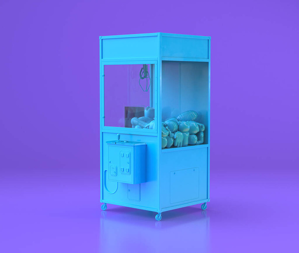 Armario de juego de grúa azul, objetos del centro de entretenimiento en la habitación plana púrpura, representación 3d, recuerdos de la infancia. - Foto, imagen