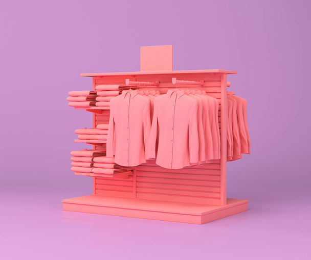 estante de tela de las mujeres, estante de la tienda, puesto de la tienda en un fondo púrpura, plano, sólido fondo de dos colores, 3d renderizado, tienda de compras - Foto, imagen