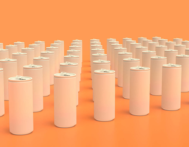 latas de soda de plástico blanco de color plano en filas en fondo amarillo anaranjado, monocromo, de un solo color, 3d renderizado, comida rápida y bebida objeto - Foto, Imagen