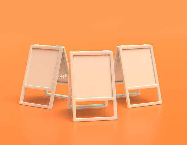 Trois panneaux en plastique blanc double face côte à côte en fond jaune orange, couleurs plates, une seule couleur, rendu 3d, tableaux blancs - Photo, image