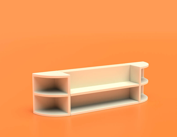 Meubles d'étagère de salon en plastique blanc en fond jaune orange, couleurs plates, une seule couleur, rendu 3d, meubles d'intérieur - Photo, image