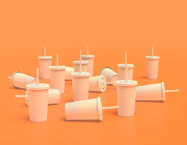 více roztroušené bílé papírové poháry na oranžovém pozadí, ploché barvy, káva a soda pohár, jediná barva, 3d podání, nápoj pohár - Fotografie, Obrázek