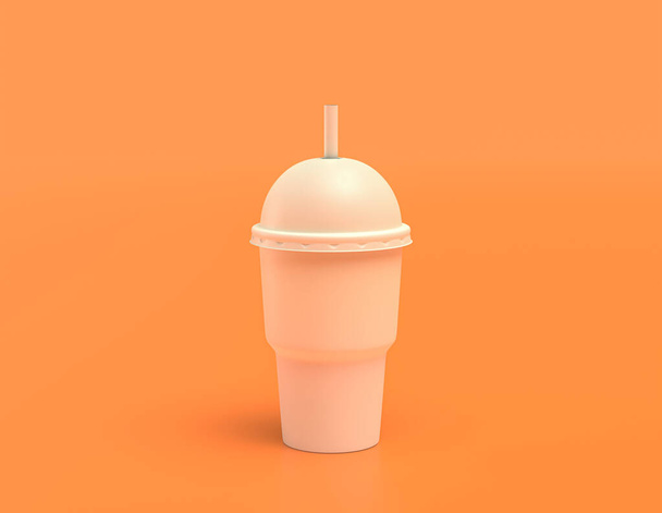 taza de slurpee recipiente de café slurpy de plástico blanco en fondo naranja amarillo, colores planos, de un solo color, 3d renderizado, contenedor de bebidas - Foto, imagen