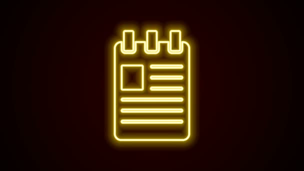Leuchtende Leuchtschrift Notizbuch-Symbol isoliert auf schwarzem Hintergrund. Spirale Notizblock-Symbol. Schulheft. Schreibblock. Tagebuch für die Schule. 4K Video Motion Grafik Animation - Filmmaterial, Video