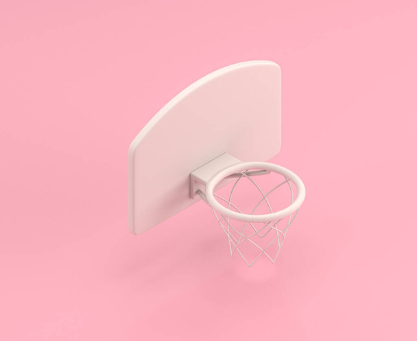 Izometrické 3d ikona, skupina bílého basketbalového koše v ploché barvě růžový pokoj, jednobarevné bílé, hračky jako domácnost, roztomilé miniaturní objekty, 3D vykreslování - Fotografie, Obrázek