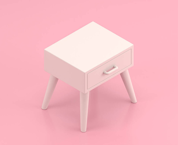 Isometrischer weißer Nachttisch 3D-Icon in flacher Farbe rosa Zimmer, einfarbig weiß, spielzeugartig niedliche Miniatur-Haushaltsobjekte, 3D-Rendering, Haushaltsmöbel - Foto, Bild