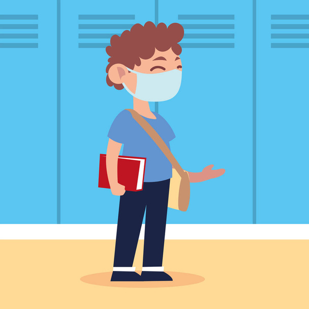 back to school for new normal, student cute boy with medical mask and book - Vector, Image