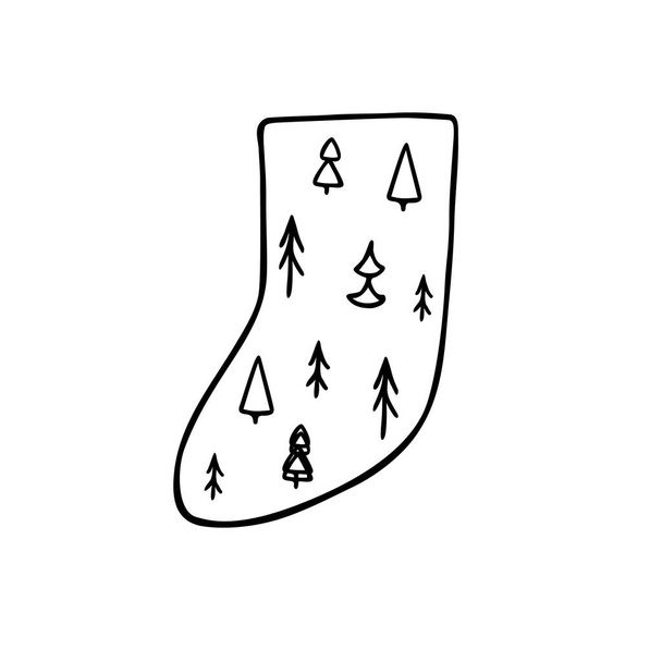 Calza di Natale semplice mano disegnata in stile doodle schema vettoriale illustrazione per la pagina da colorare, biglietti di auguri, riunioni di famiglia vacanze invernali, festa periodo invernale - Vettoriali, immagini