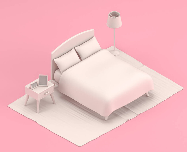 床ランプとナイトスタンド付きのアイソメトリックベッドルーム、フラットカラーピンクの部屋の3Dアイコン、シングルカラーホワイト、 3Dレンダリング - 写真・画像