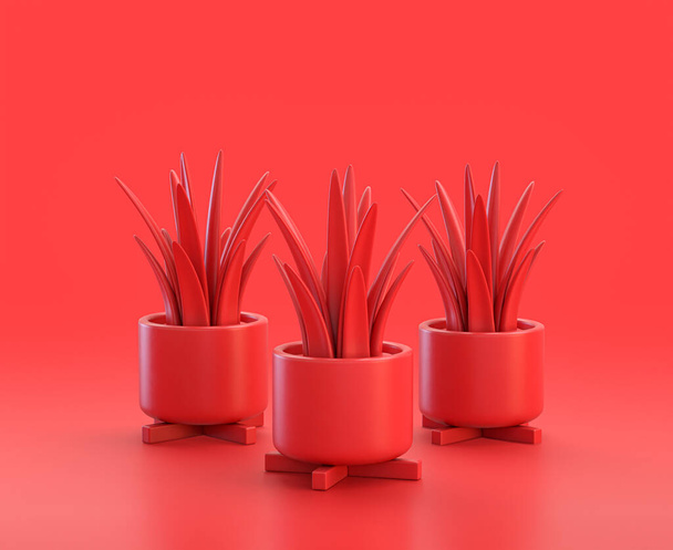 planta monocromática de una sola casa de color rojo con cuatro patas de olla en fondo rojo, de un solo color, icono 3d, renderizado 3d, objetos del hogar - Foto, Imagen