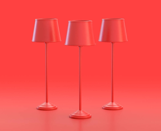 monocromático única cor vermelha lâmpada de assoalho alto em fundo vermelho, única cor, Ícone 3d, renderização 3d, objetos domésticos - Foto, Imagem