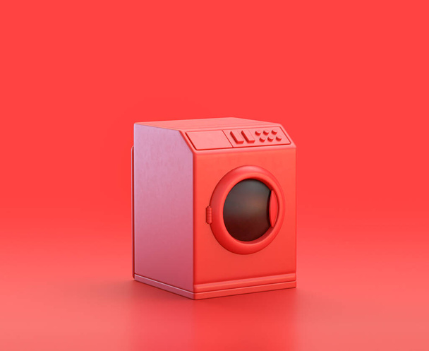 monochrome single color red washing machine in red background,  3d Icon, single red color, 3d rendering, household appliance - Photo, Image