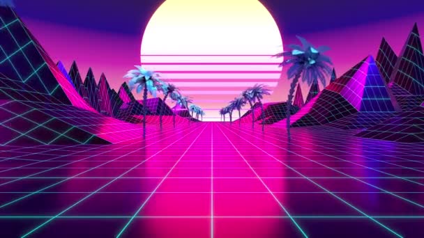 Filmación retro violeta y azul con montañas, palmeras y sol: diseño futurista adecuado para los años 80. Animación digital 3D con resolución 4k - 3840 x 2160 px. - Metraje, vídeo