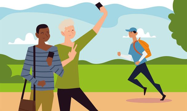 lidé venkovní aktivity, dva kluci berou selfie a muž běží v parku - Vektor, obrázek