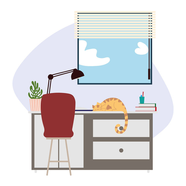 espaço de trabalho em casa com mesa cadeira lâmpada e gato - Vetor, Imagem