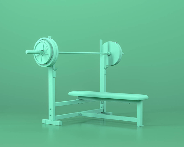 Bench Flat Vollständige Bodybuilding-Ausrüstung in monochromblauem Hintergrund, 3D-Rendering, Stromleitung, Fitnessstudio-Tools - Foto, Bild