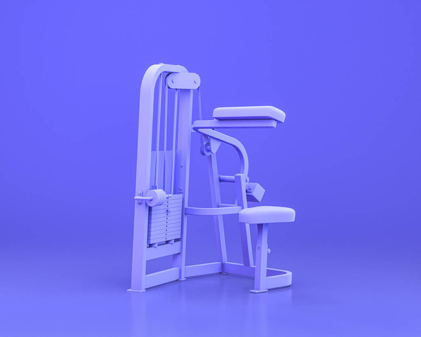 Body-Build-Fitnessgeräte, in einfarbigem blauem Hintergrund, Nackenmaschine, 3D-Rendering, Hochspannungsfreileitung - Foto, Bild