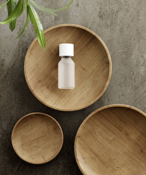 Pedestal for natural cosmetic product presentation. Stone and wood cylinders with plant leaves. 3d illustration. - Φωτογραφία, εικόνα