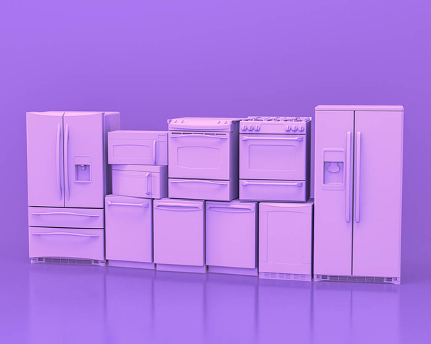 Kuchyňské spotřebiče v monochromatické jednorůžové purpurové barvě, 3D vykreslování, kuchyňské nářadí a stroje, izolované - Fotografie, Obrázek