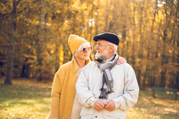 Happy senior couple walking and talking in beautiful autumn city park. Grey haired woman spending leisure time with her husband. Relationship and people concept  - Φωτογραφία, εικόνα