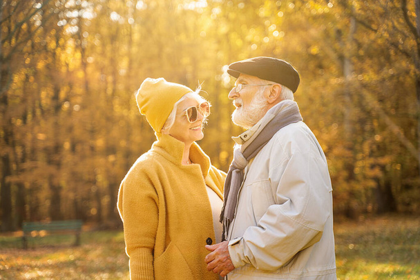 Happy senior couple hugging and talking in beautiful autumn city park. Grey haired woman spending leisure time with her husband. Relationship and people concept  - Foto, immagini