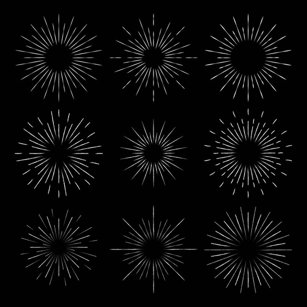 Set di illustrazione vettoriale sunburst bianco per fumetti. Vintage. Forma circolare. Sfondo astratto. Raggi stellari. All'alba. Elemento di design per cornici, stampe, web, template, logo e pattern - Vettoriali, immagini