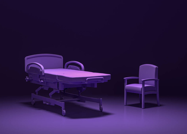 Cama petient do humor escuro e cadeira do visitante no quarto roxo escuro liso, renderização 3d, objetos isolados do hospital - Foto, Imagem