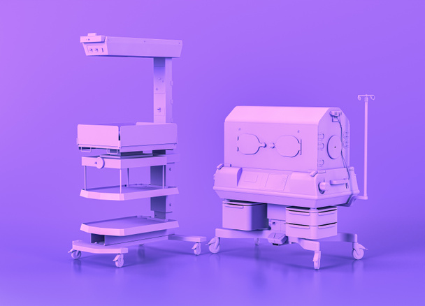 Mobile Bassinette and infant warmer, Medical equipment in flat monochrome purple room, 3d rendering, isolated hospital objects - Foto, imagen