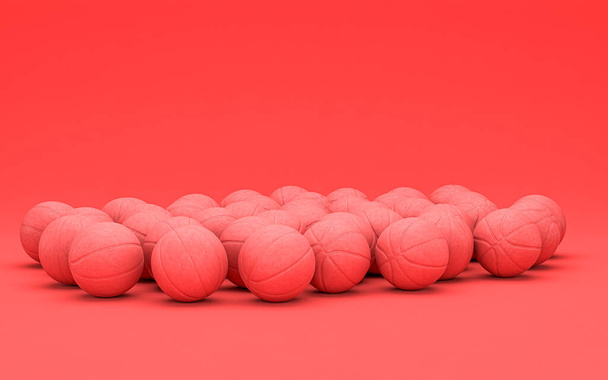 Wiele piłek do koszykówki w jednym kolorze monochromatyczna scena czerwona, jeden kolor, 3d renderowania prezentacji, stron internetowych i wydruku - Zdjęcie, obraz