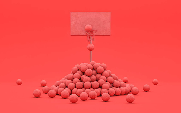 Basketbalový koš, ring, backboard s partou basketbalových míčků po několika záběrech v ploché monochromatické červené scéně, jednoduchá barva, 3D vykreslování pro prezentaci, webové stránky a tisk - Fotografie, Obrázek