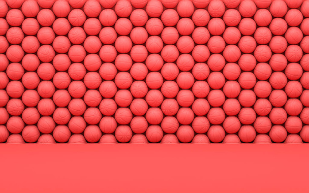 Ściana z piłki do koszykówki piłki sportowe i urządzenia w płaskiej monochromatycznej scenie czerwony, jeden kolor, 3d renderowania do prezentacji, stron internetowych i wydruku - Zdjęcie, obraz