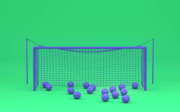 Brankový rámec a banda fialových míčků po několika záběrech v zelené místnosti, dvě barvy, 3D vykreslování pro prezentaci, webové stránky a tisk - Fotografie, Obrázek
