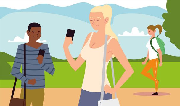 lidé outdoorové aktivity, osoby s chytrým telefonem a dívka chůze - Vektor, obrázek