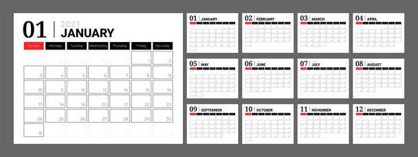 2021 Calendario con Domingo Primer Día de la Semana - Vector, Imagen